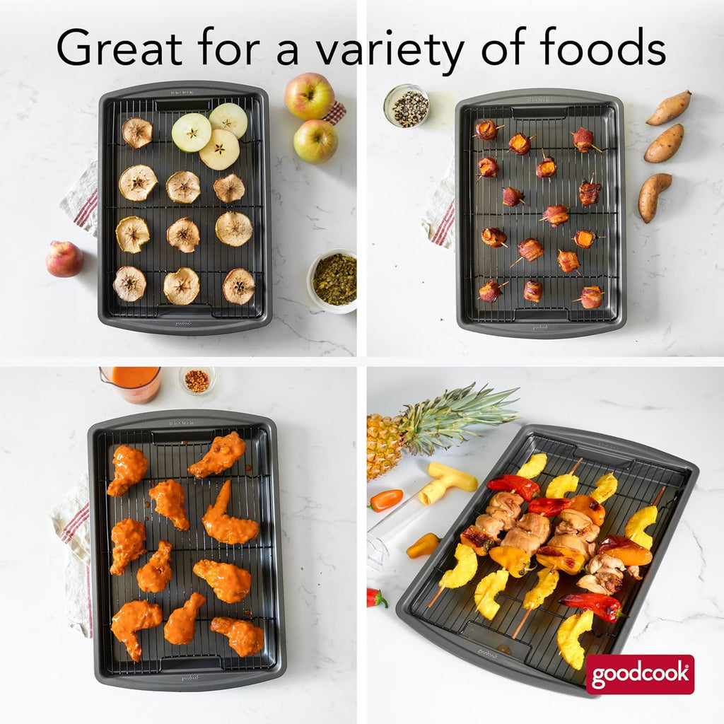 GoodCook 15‰۝ x 10.5‰۝ Nonstick Carbon Steel Baking Pan & Raised Wire Rack ‰ÛÒ Pizza Crisper, Crispy Bacon, Multipurpose Cooking Sheet Pan, Cooling Rack, Kitchen Cookware Set, Dishwasher Safe