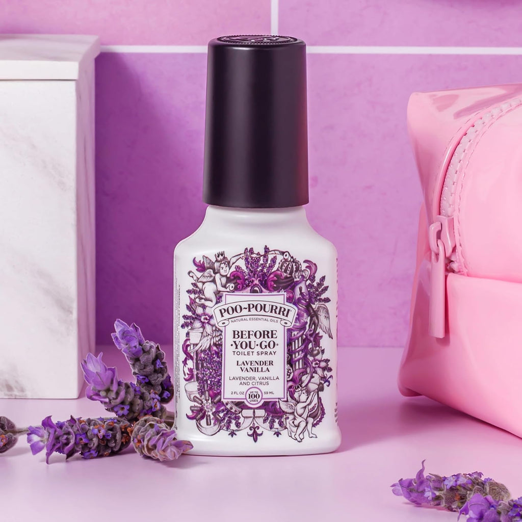 Poo-Pourri Before-You-Go Toilet Spray, Lavender Vanilla, 2 Fl Oz, Up to 100 Uses, Bathroom Odor Deodorizer with Essential Oils for Home or Work, Travel Essentials, TSA Approved Size