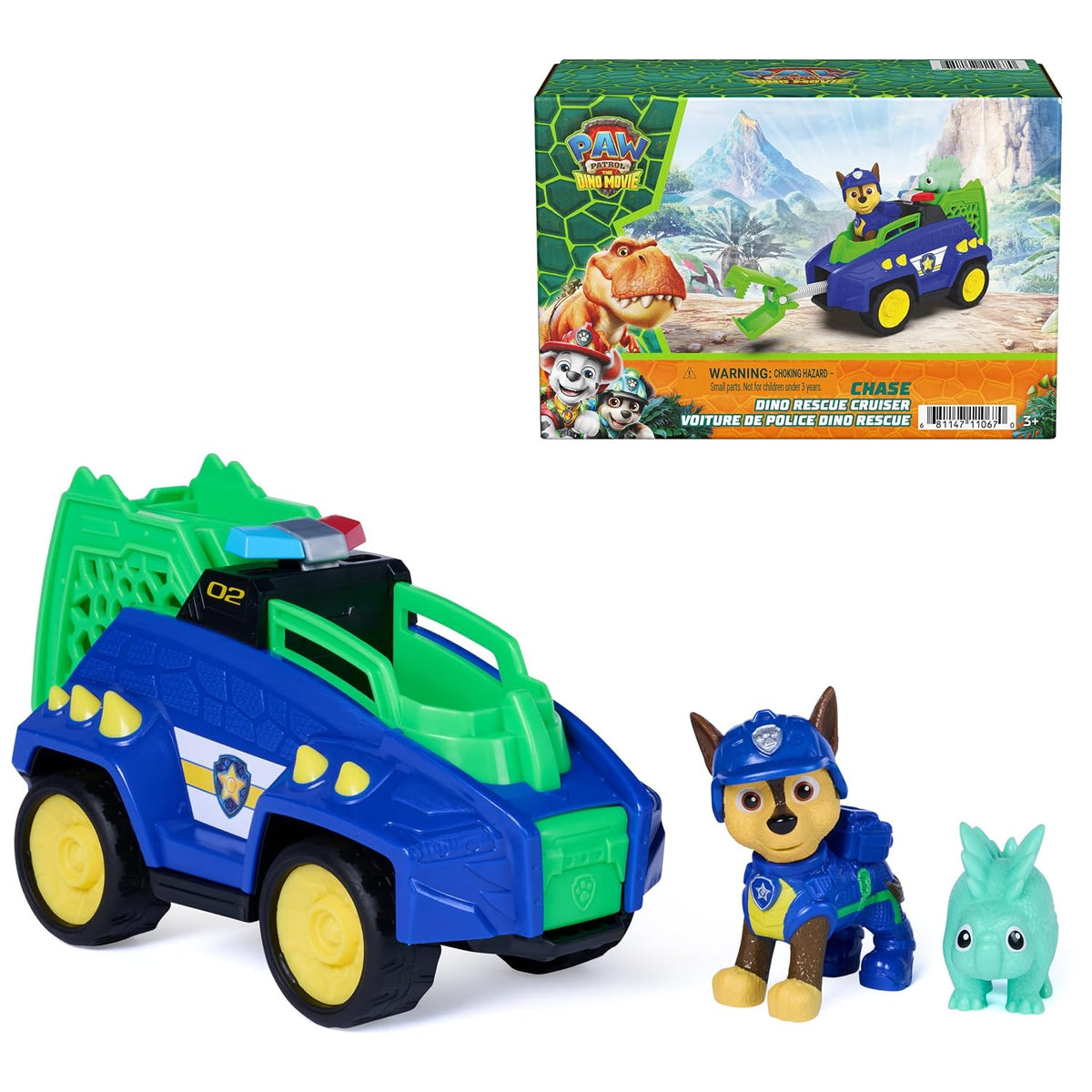 PAW Patrol The Dino Movie Chase Dino Rescue Cruiser Toy Car Vehicle | Spring Loaded Front Rescue Claw, 2 Collectible Movie Action Figures, Toy Car, Kids Toys for Boys & Girls Ages 3+