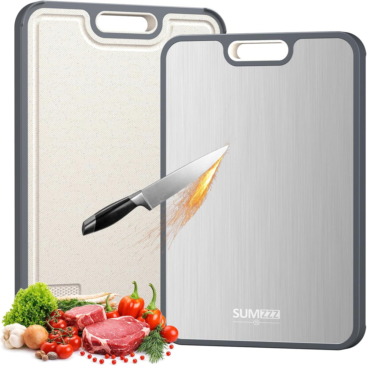 Sumzzz Titanium Cutting Board for Kitchen, Non Toxic 2-in-1 Cutting Board Double Sided Food Grade Pure Titanium, Knife Friendly Easy to Clean Large Size 15‰۝ÌÑ10.3‰۝