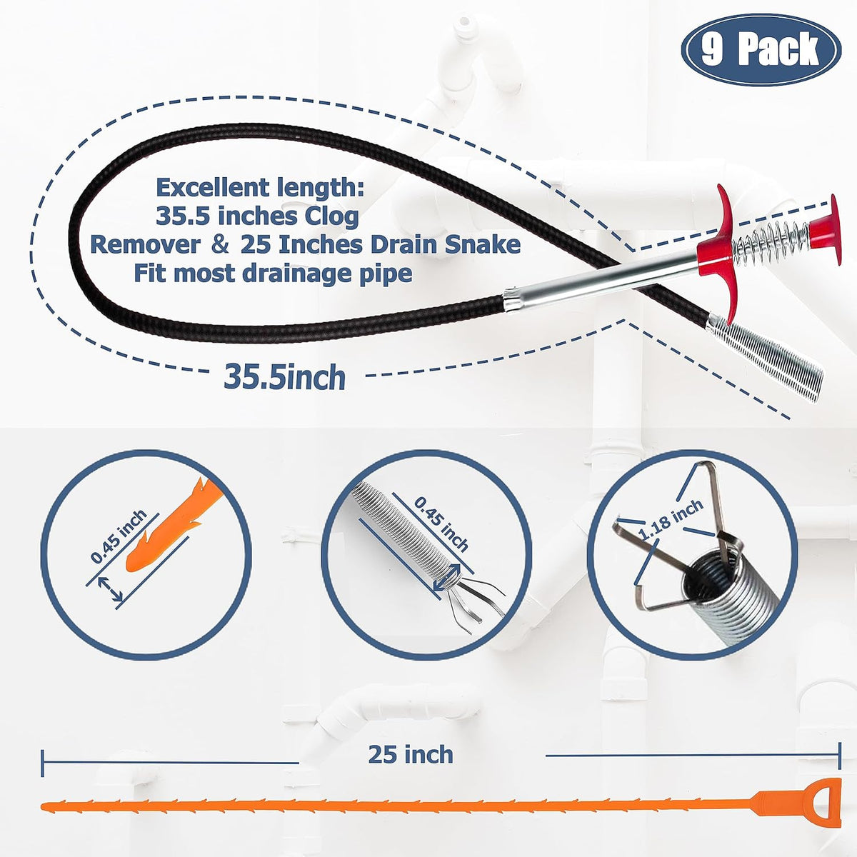 35.5inch Drain Clog Remover(1pcs), 25inch Drain Snake Hair Remover(6pcs) •?  Cleaning Brush(2pcs), Hair Catcher Drain Auger Cleaner Tool Set For Toilet, Kitchen Sink, Bathroom Tub, Sewer, 9 Pack