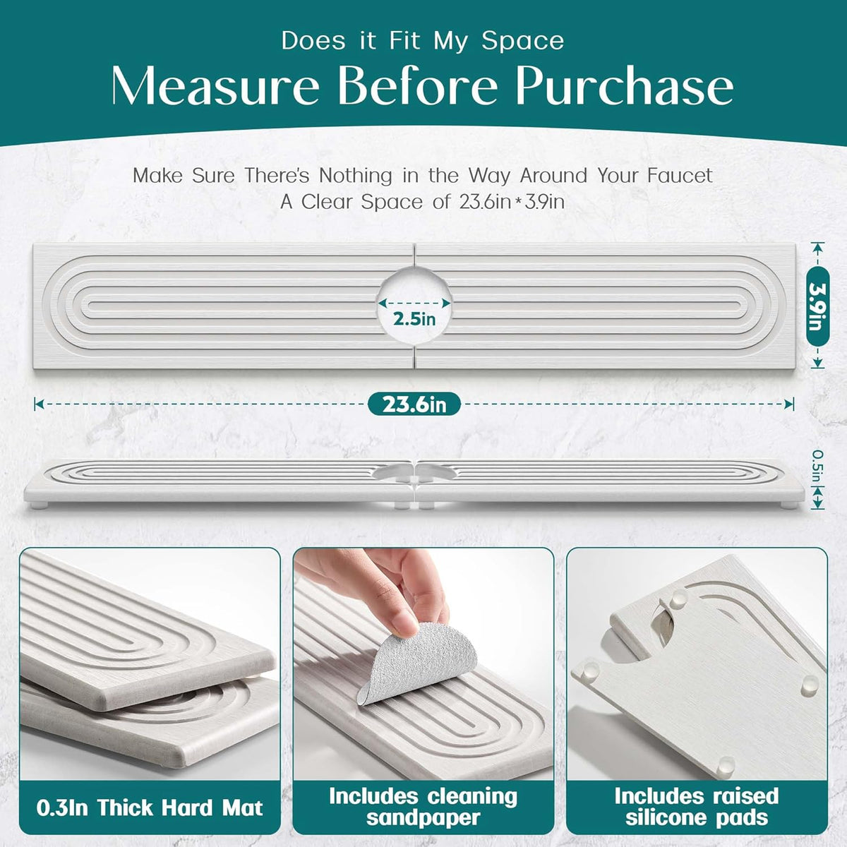 Eormoe Faucet Mat for Kitchen Sink ‰ÛÒ Diatomite Stone Drying Mat & Sink Protectors, Prevent Moisture ‰ÛÒ Sink Splash Guard Water-Absorbing Stone Tray for Kitchen Counter Decor (Light Grey, 23.6" x 3.9")
