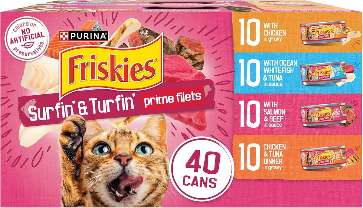 Purina Friskies Gravy Wet Cat Food Variety Pack, Surfin‰۪ and Turfin‰۪ Prime Filets Favorites - (Pack of 40) 5.5 oz. Cans