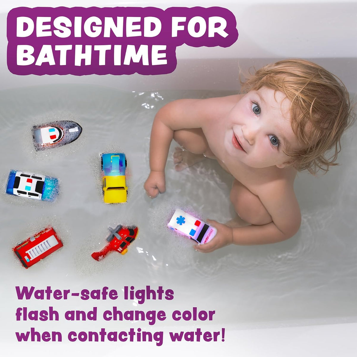 Tub Workså¨ Emergency‰ã¢ Cars Light Up Bath Toys, 6 Pack | Water-Activated Light Up Toys Flash & Change Color | Soft, Squeezable Baby & Toddler Bath Toys | Sensory Toys with Bath Lights for Kids Bath