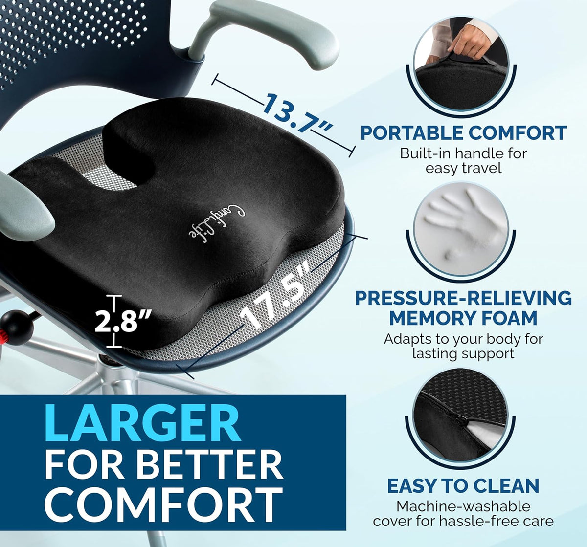ComfiLife Premium Gel & Memory Foam Seat Cushion ‰ÛÒ Doctor Recommended Office Chair Cushion, Car Seat Cushion ‰ÛÒ Chair Cushions for Back & Sciatica Pain Relief ‰ÛÒ Seat Cushions for Office & Desk (Black)
