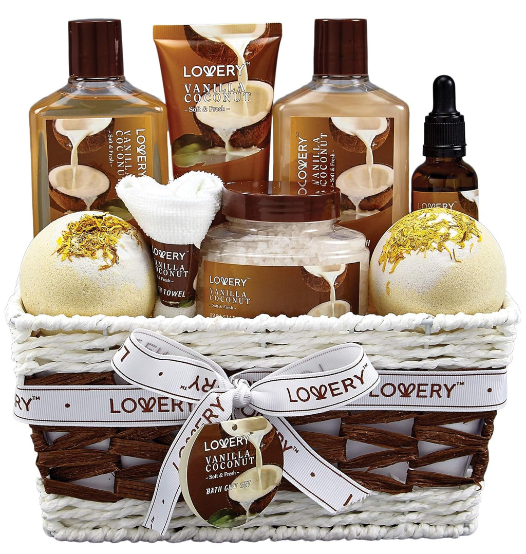 Gifts For Women Gift Basket for Women‰ÛÒ 9 Piece Set of Vanilla Coconut Home Spa Set, Luxurious Gifts for Her, Bath and Body Sets Includes Fragrant Lotions, Large Bath Bombs, Coconut Oil