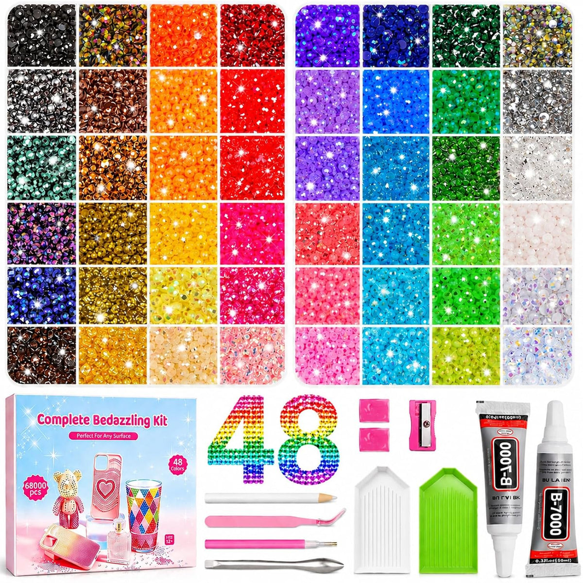 68,000Pcs 48 Colors Bedazzling Kit, 3mm Resin Jelly Flatback Rhinestones | Complete Bedazzler Kit with 100ml B7000 Glue & All Tools, Perfect for DIY Crafts, Diamond Art & Decorating