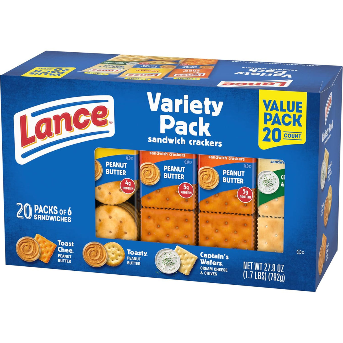 Lance Sandwich Crackers, Variety Pack, 3 Flavors, 20 Individually Wrapped Packs, 6 Sandwiches Each