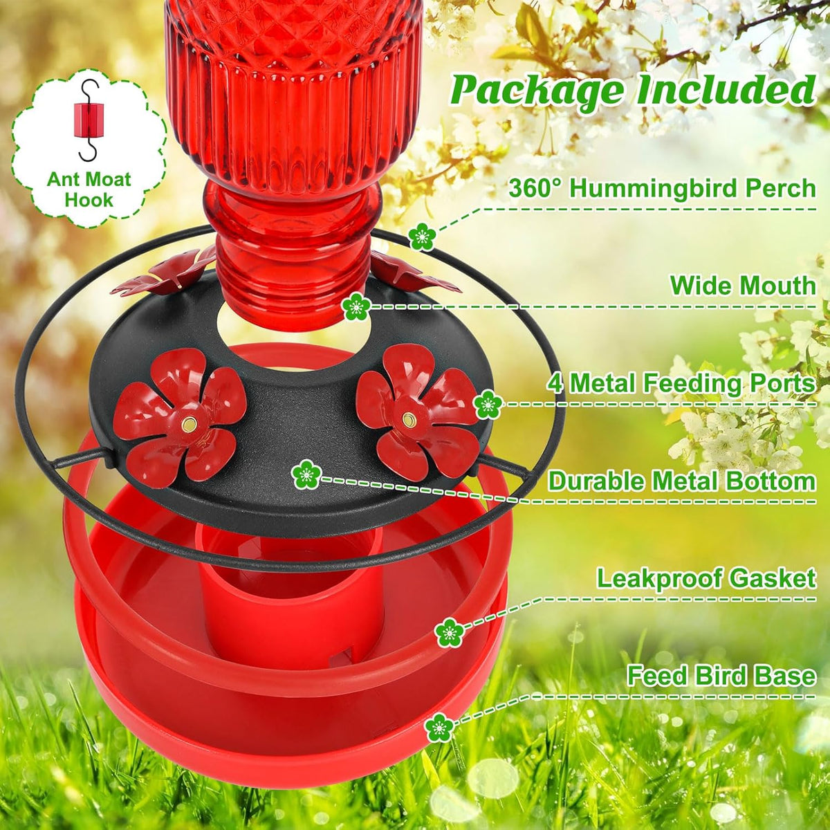 FEED GARDEN Glass Hummingbird Feeder, 16oz Outdoor Hanging Bird Feeder with Ant Moat, 4 Bee-Proof Feeding Ports, 360å¡ Perch, Leak-Proof, Red