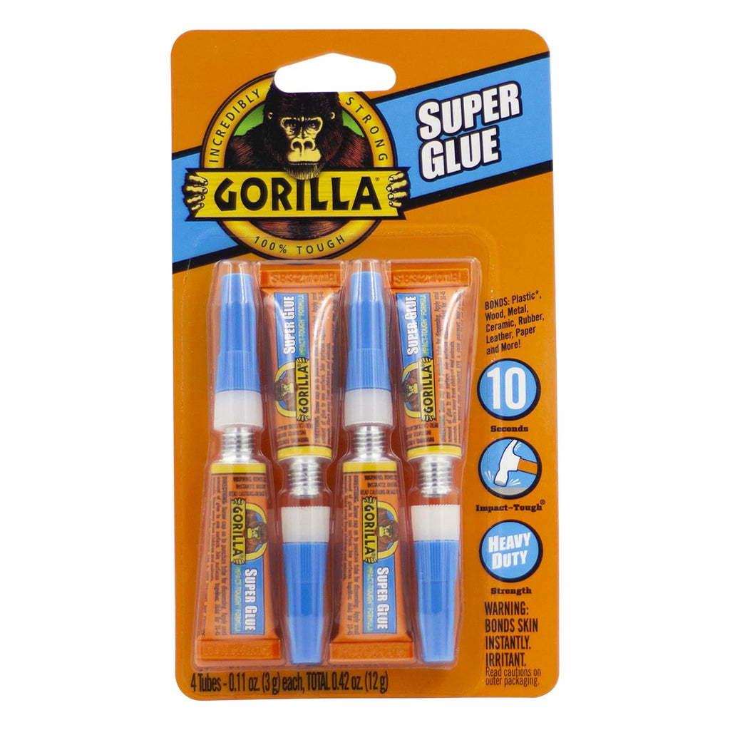 Gorilla Super Glue, Fast‰ÛÔSetting, Impact‰ÛÔTough All‰ÛÔPurpose Adhesive with Anti-Clog Cap, 4 -3 g Tubes, (Pack of 1) - Clear