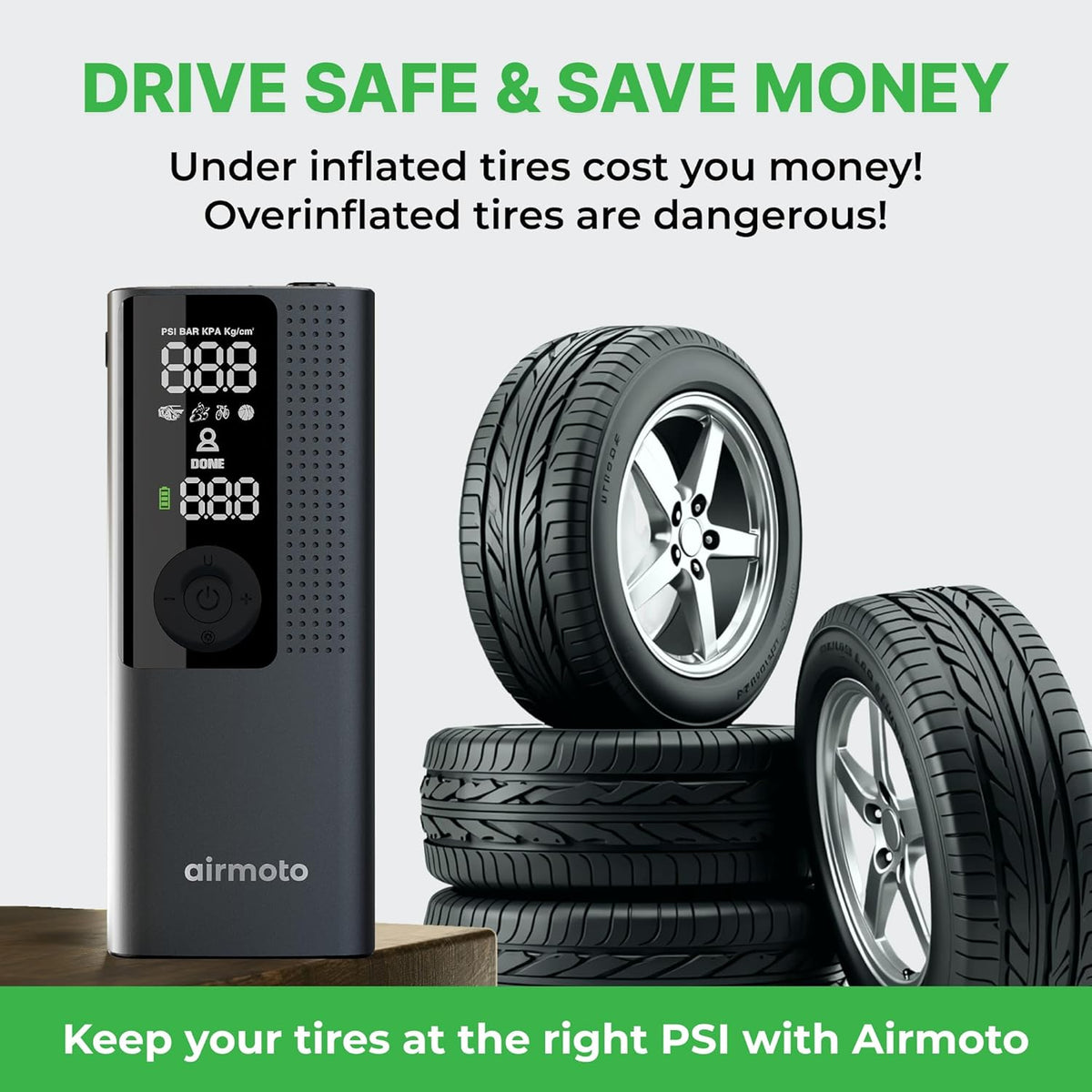 Airmoto Tire Inflator Portable Air Compressor - Air Pump For Car Tires with Digital Pressure Gauge, LED Light and Auto Shut-Off Function - Cordless Pump for Car, Motorcycle, Bicycle, Ball
