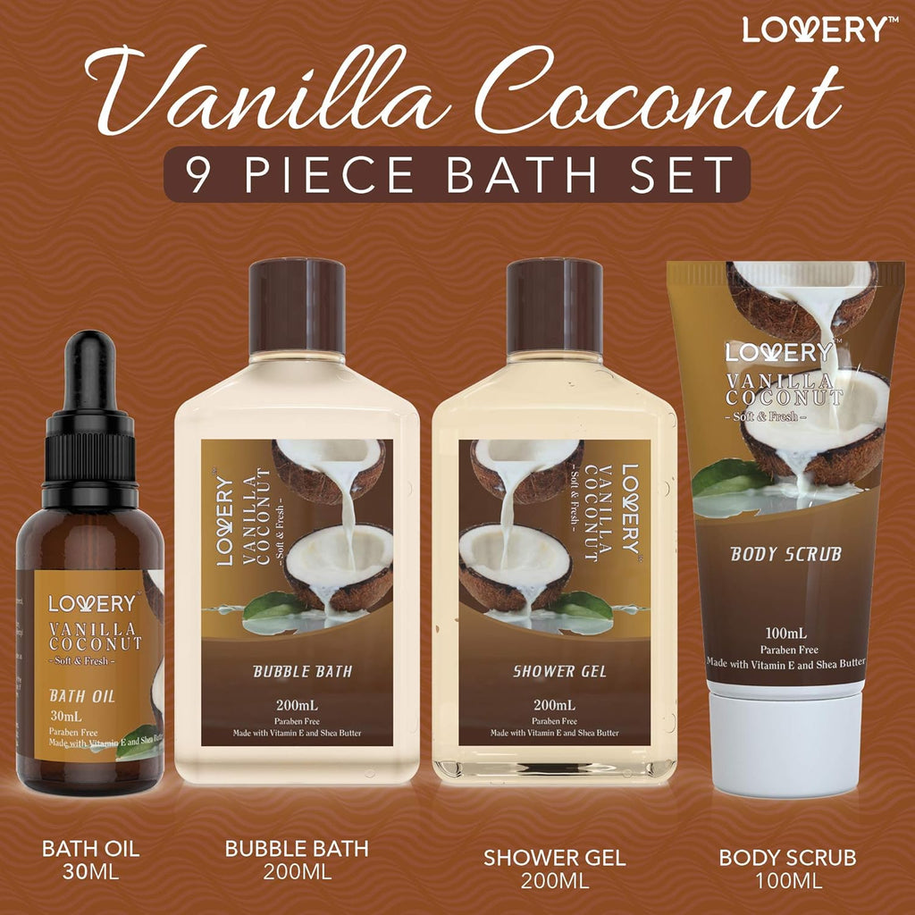 Gifts For Women Gift Basket for Women‰ÛÒ 9 Piece Set of Vanilla Coconut Home Spa Set, Luxurious Gifts for Her, Bath and Body Sets Includes Fragrant Lotions, Large Bath Bombs, Coconut Oil