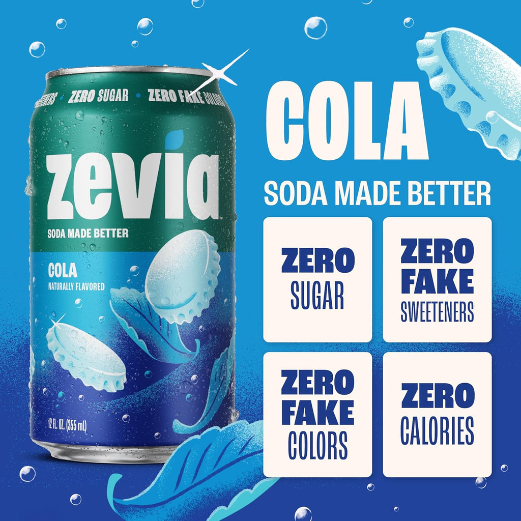 Zevia Zero Sugar Soda, Cola, 12 oz Cans (24-Pack) ‰ÛÒ Naturally Sweetened, Zero Calorie Sugar Free Soda - Non-GMO Project Verified, Gluten-Free, Vegan