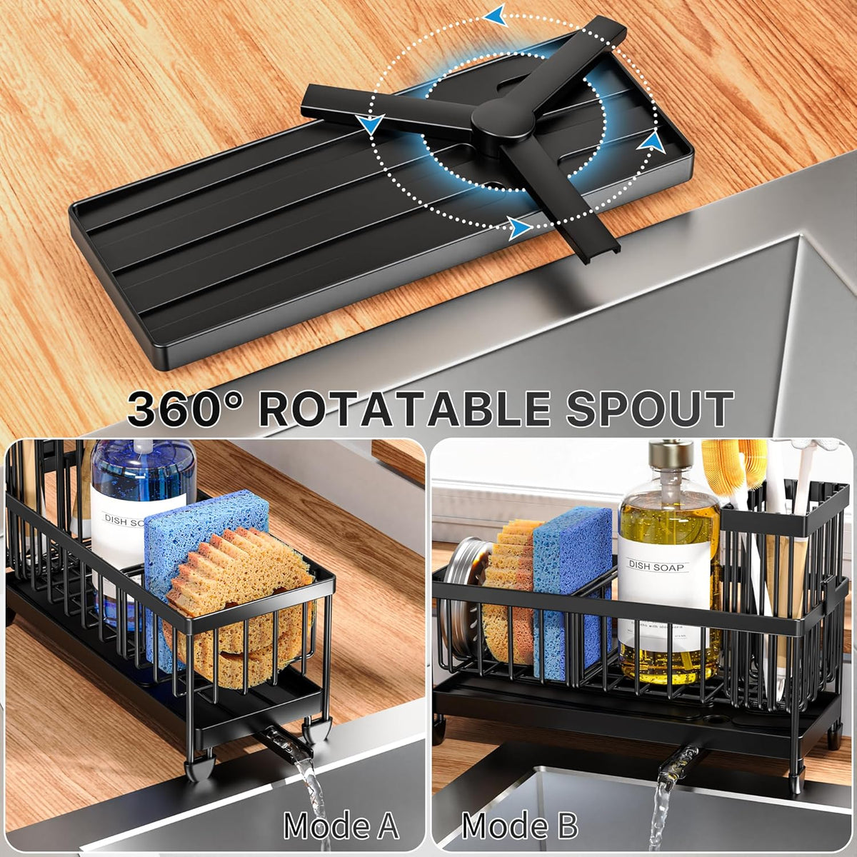 Cisily Sponge Holder for Kitchen Sink, Sink Caddy Organizer with High Brush Holder, Kitchen Countertop Organizers and Storage Essentials, Rustproof 304 Stainless Steel (Black, 9.25‰Û?)
