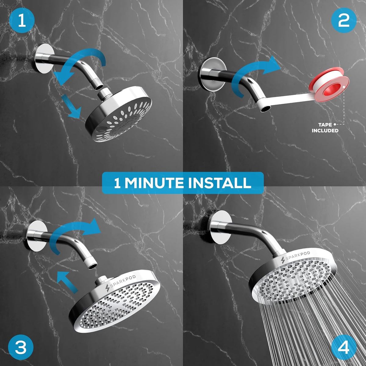 SparkPod Shower Head - High Pressure Rain - Premium Quality Luxury Design - Easy Clean Adjustable Replacement for Your Bathroom Shower Heads (Luxury Polished Chrome, 6 Inch Round)