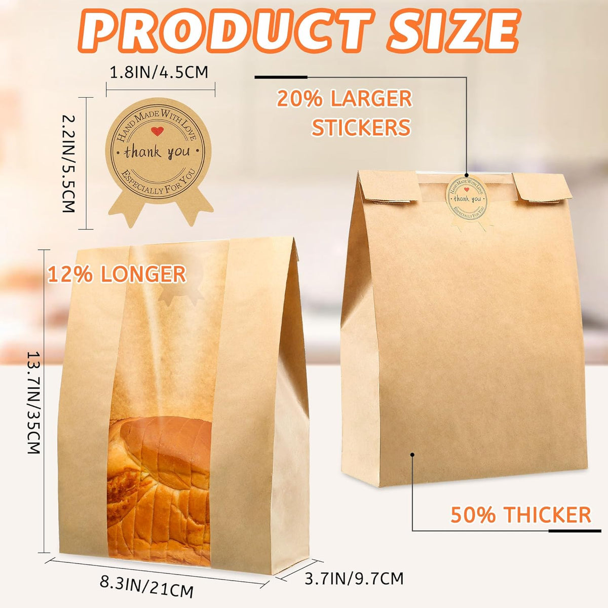 50 Pcs Bread Bags for Homemade Bread, Sourdough Paper With Window, 50% Thicker 13.7x8.2x3.7in A Large Bakery Bags Used for Storage Cookies & Snacks, 60 Cute Sealing Stickers With Ties