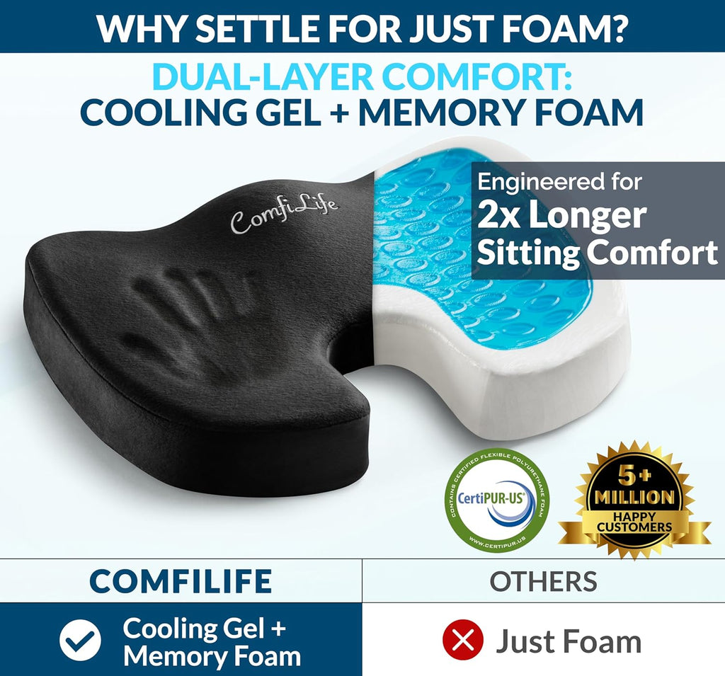 ComfiLife Premium Gel & Memory Foam Seat Cushion ‰ÛÒ Doctor Recommended Office Chair Cushion, Car Seat Cushion ‰ÛÒ Chair Cushions for Back & Sciatica Pain Relief ‰ÛÒ Seat Cushions for Office & Desk (Black)