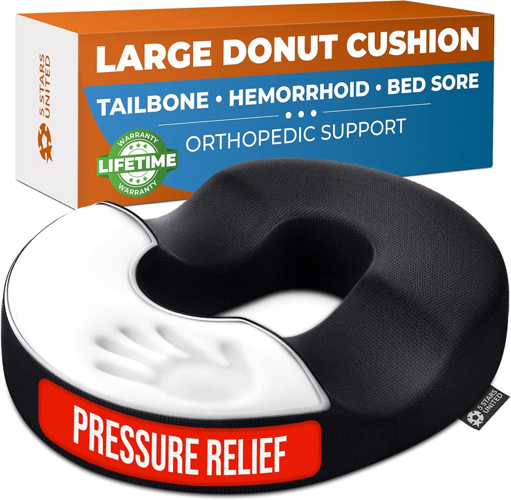 5 STARS UNITED Donut Pillow Hemorrhoid Tailbone Cushion ‰ÛÒ Large Cushion for Pain Relief ‰ÛÒ Coccyx, Prostate, Sciatica, Pelvic Floor, Pressure Sores, Pregnancy, Postpartum Recovery, Black