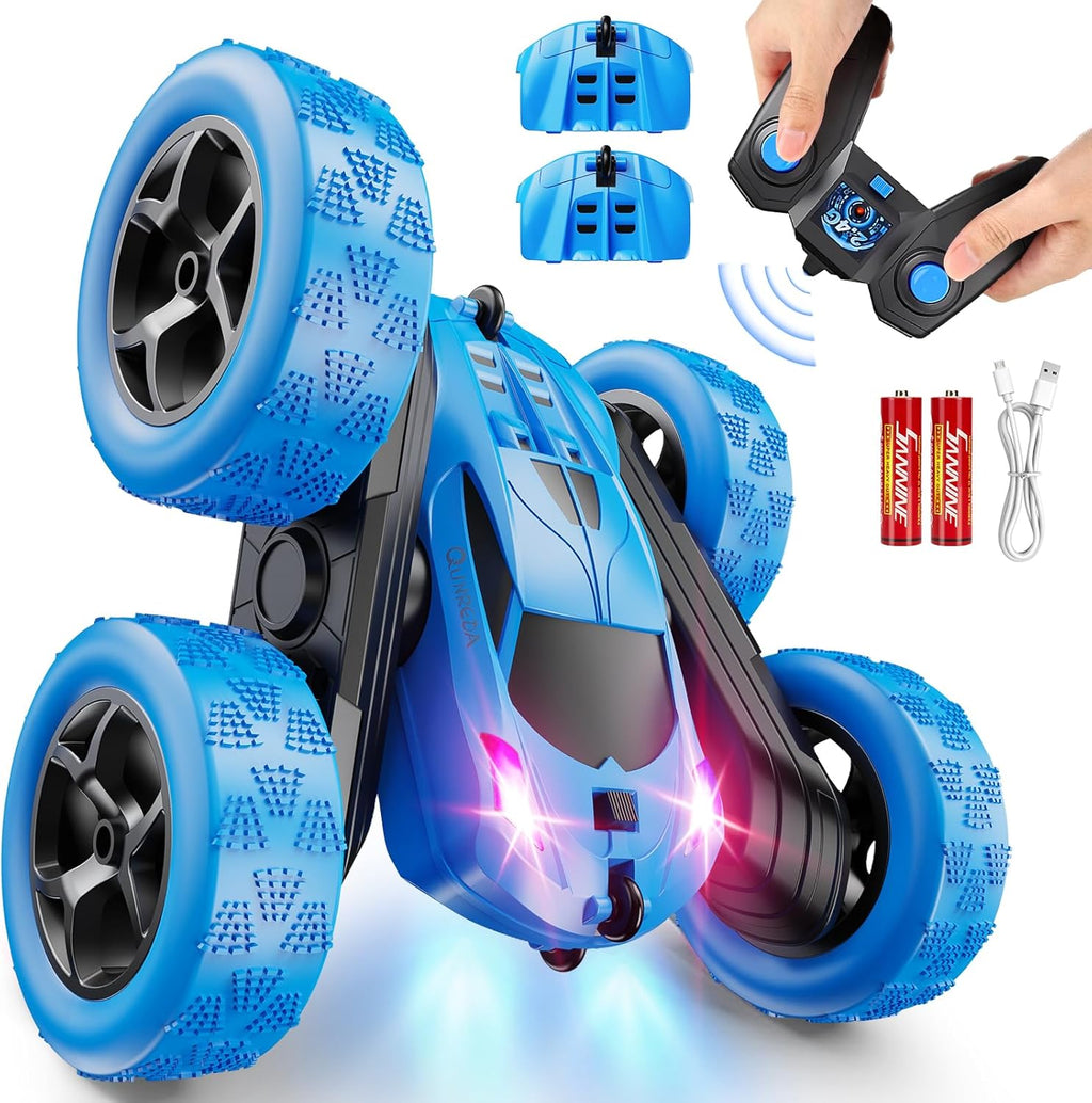 QUNREDA Remote Control Car, RC Cars Toys for Kids Ages 6-12, 4WD Stunt Car with LED Lights & 360å¡ Flips, 2.4GHz, Upgraded USB-C Modular Batteries, 8-10 Year Old Boys Birthday Gift 1-Blue