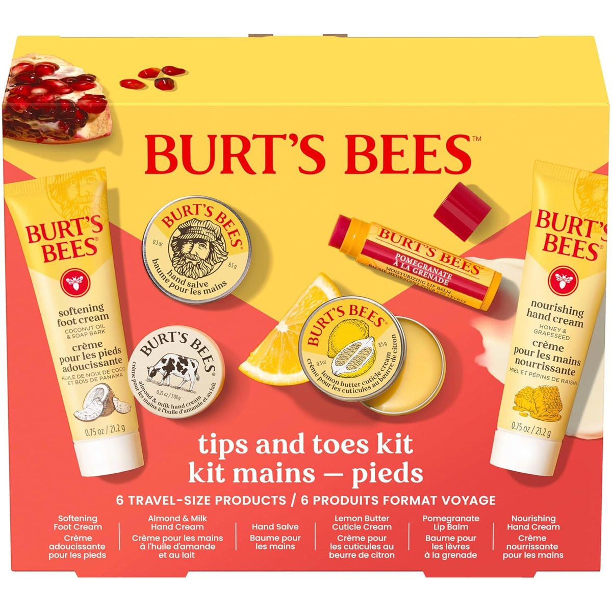 Burt's Bees Gifts Ideas, Tips and Toes Kit, 6 Travel Size Products - Pomegranate Moisturizing Lip Balm, 2 Hand Creams, Foot Cream, Cuticle Cream, and Hand Salve