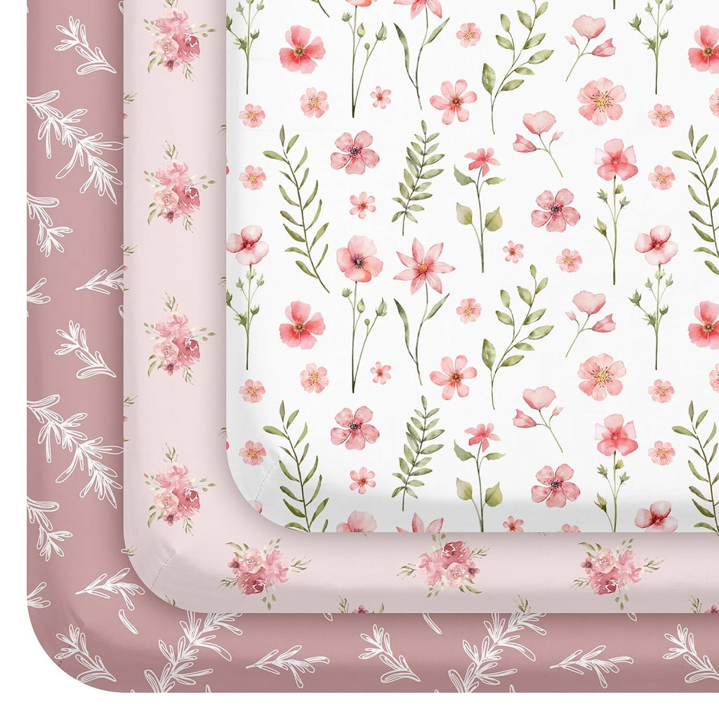 Pack and Play Mattress Sheets Fitted, 3 Pack Mini Crib Sheets | Stretchy Playard playpen Sheet, Compatible with Graco Pack N Play Mattress, Soft and Breathable Material, Pink Floral
