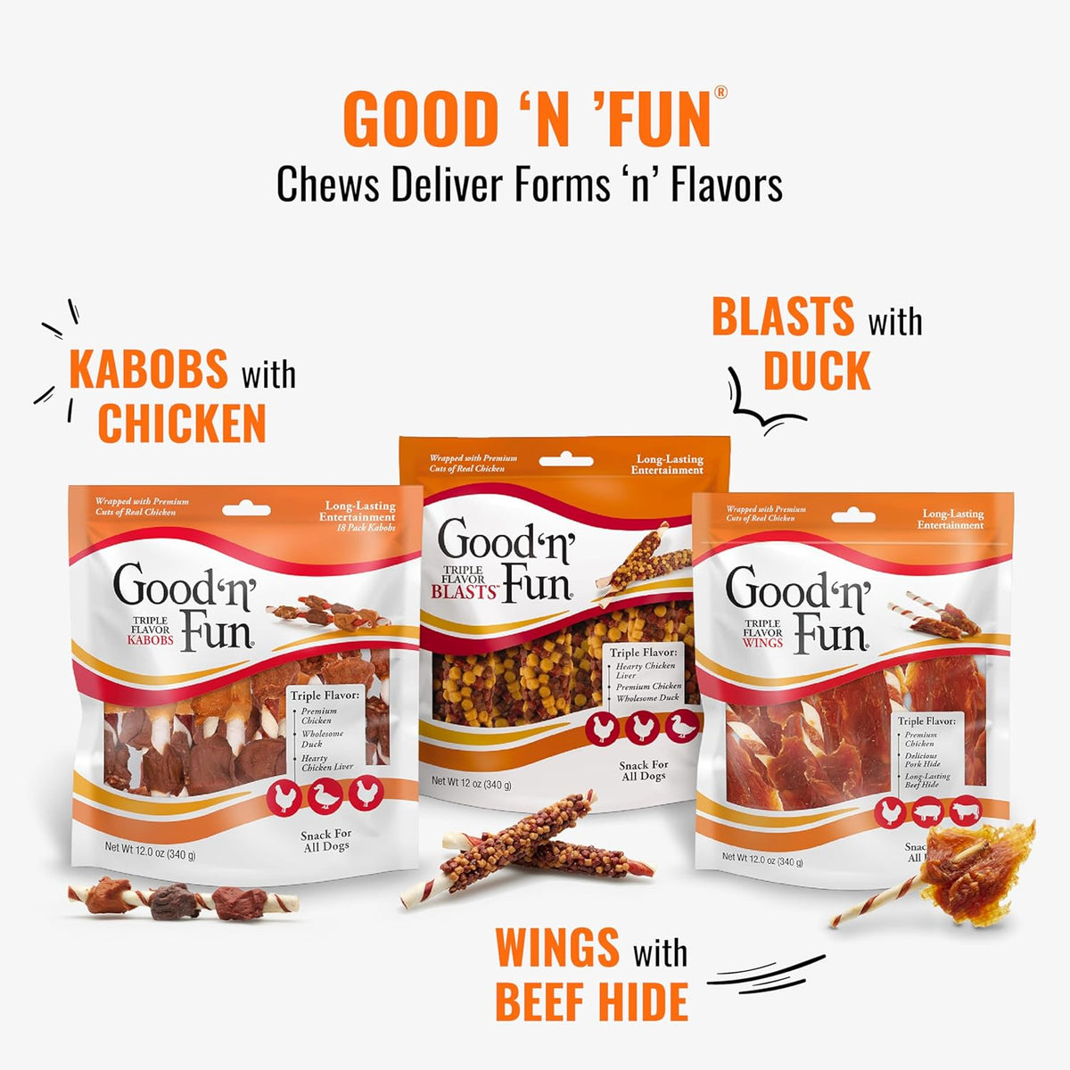 Good ‰Û÷n‰۪ Fun Triple Flavor Kabobs Chews for All Dogs, 24 Ounces, Treat Your Dog to Long-Lasting Chews Made from Beef Hide, Real Chicken, Pork Hide, Duck and Chicken Liver