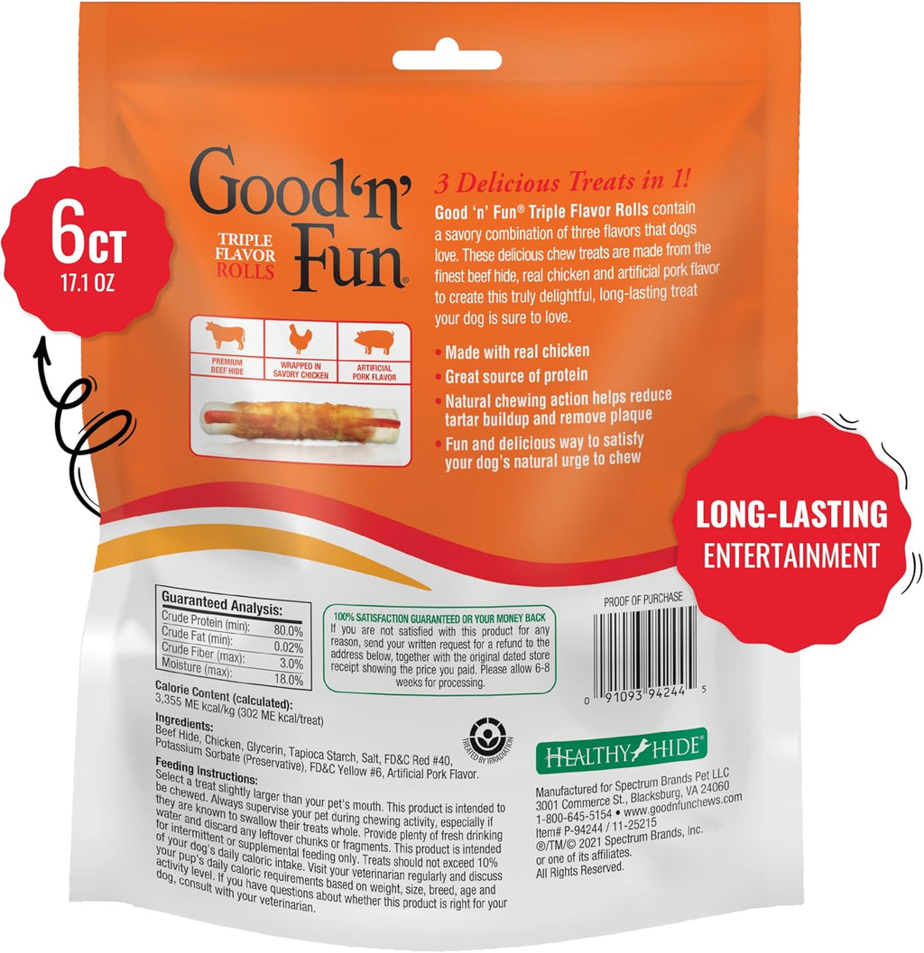 Good ‰Û÷n‰۪ Fun Triple Flavor Rolls for Large Dogs, Treat Your Dog to Long-Lasting Chews Made with Real Beef Hide and Chicken, 6 Count