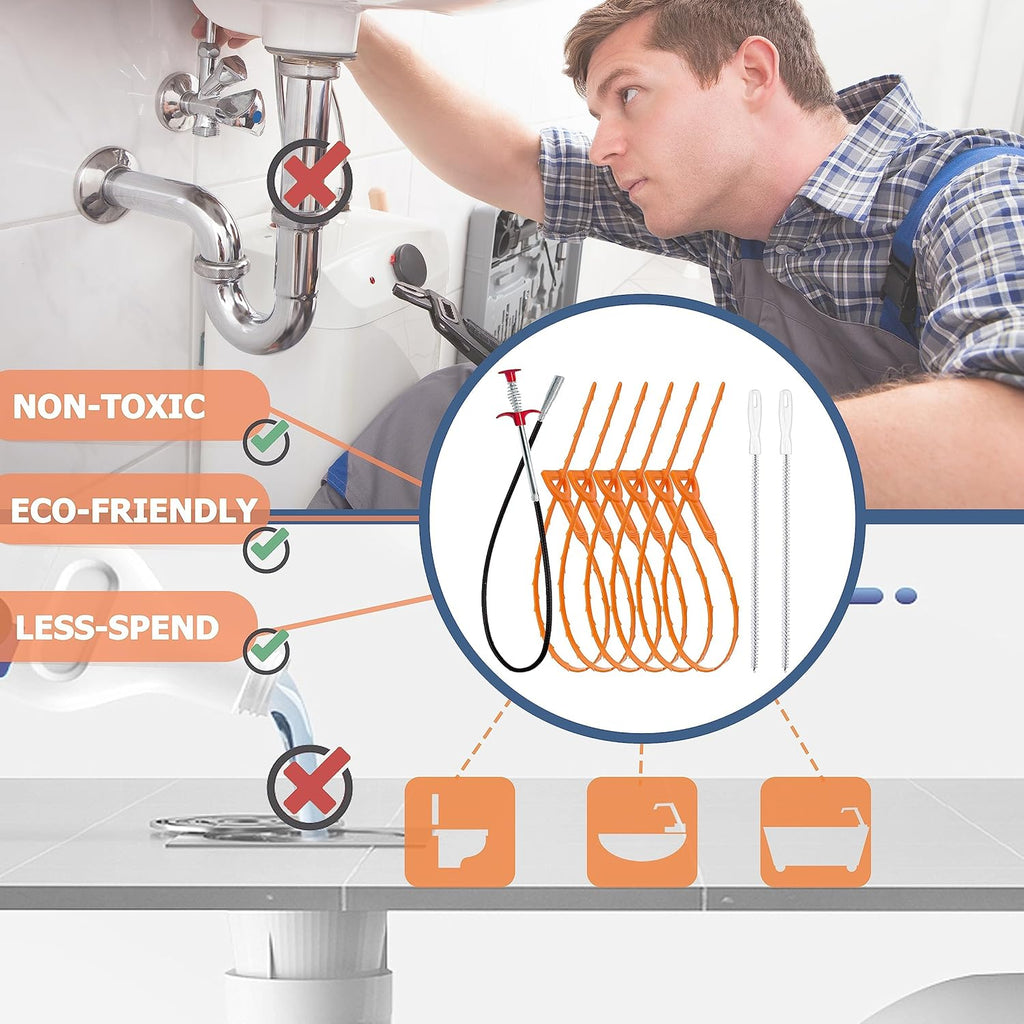 35.5inch Drain Clog Remover(1pcs), 25inch Drain Snake Hair Remover(6pcs) •?  Cleaning Brush(2pcs), Hair Catcher Drain Auger Cleaner Tool Set For Toilet, Kitchen Sink, Bathroom Tub, Sewer, 9 Pack