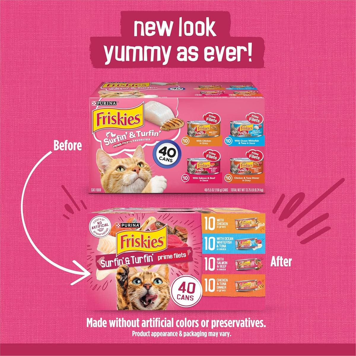 Purina Friskies Gravy Wet Cat Food Variety Pack, Surfin‰۪ and Turfin‰۪ Prime Filets Favorites - (Pack of 40) 5.5 oz. Cans