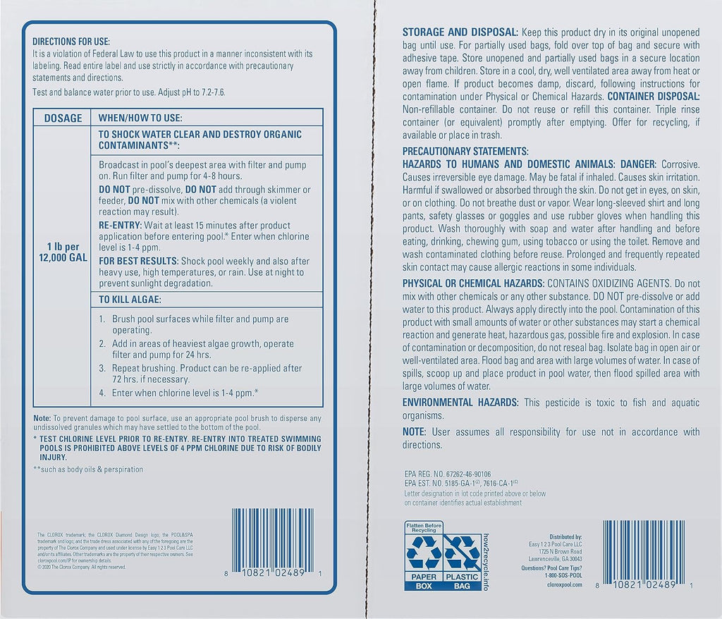 Cloroxå¨ Pool&Spa‰ã¢ Shock XTRABLUEå¨ Plus, Kills Bacteria & Algae in Swimming Pools, Swim-Ready in 15 Minutes, (12-Pack), Granular