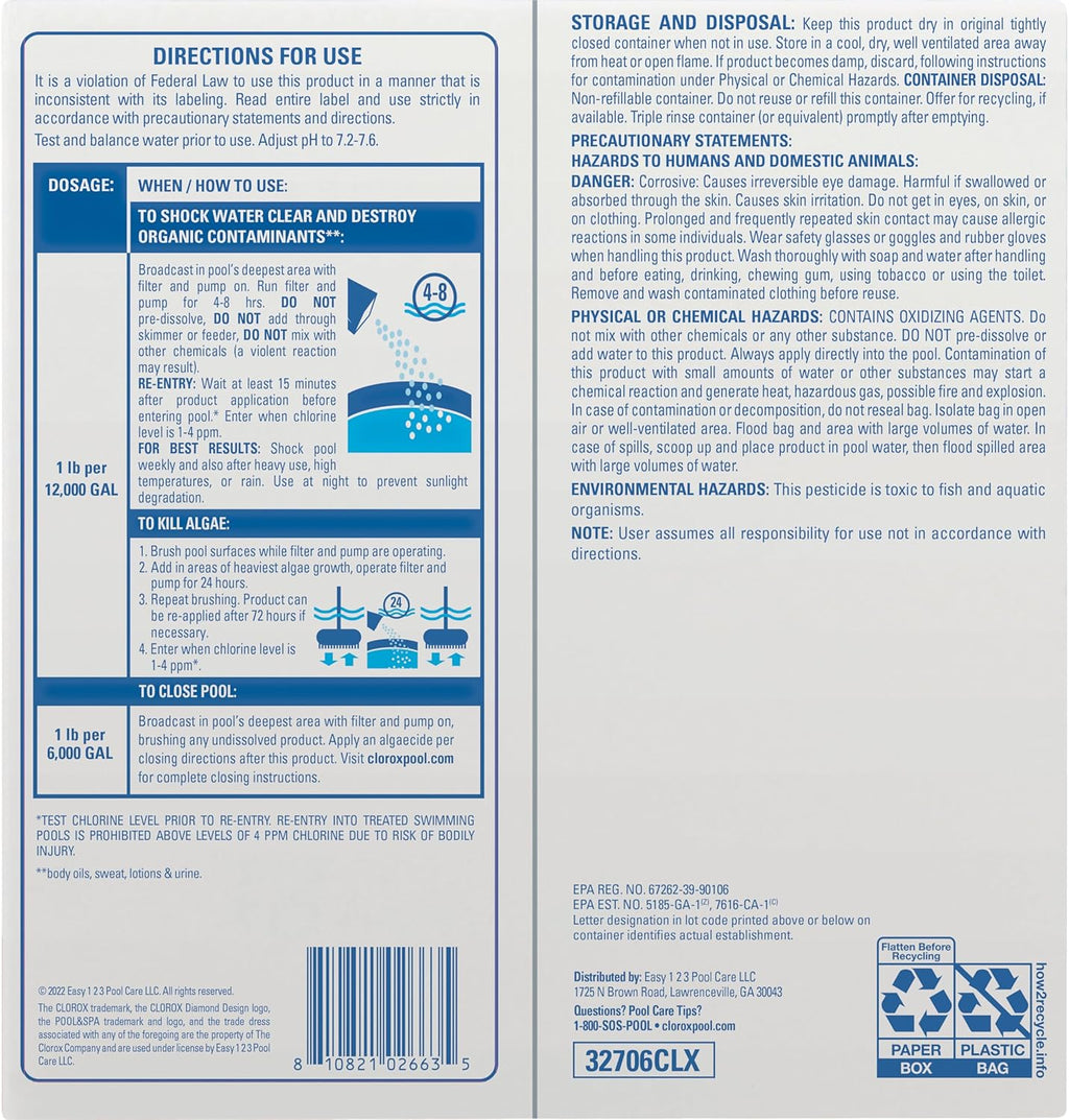 Cloroxå¨ Pool&Spa‰ã¢ Shock Clear, for Crystal Clear Swimming Pool Water, Swim-ready in 15 minutes, Suitable for vinyl pools (6-Pack)
