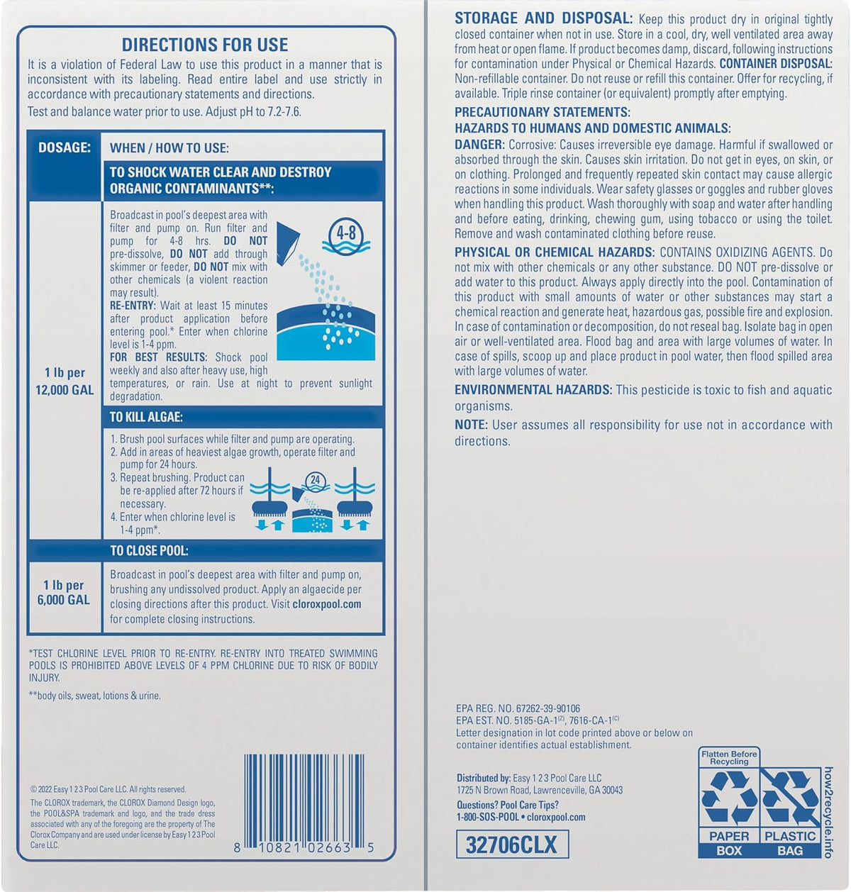 Cloroxå¨ Pool&Spa‰ã¢ Shock Clear, for Crystal Clear Swimming Pool Water, Swim-ready in 15 minutes, Suitable for vinyl pools (6-Pack)