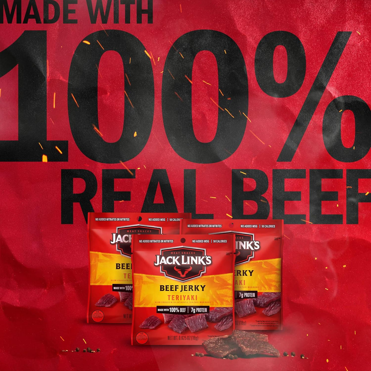 Jack Link's Teriyaki Beef Jerky Multipack - (5 Pack) 0.625 oz Bags - Ready to Eat Real Meat Protein Snacks - 7g Protein per Serving - Made with 100% Real Beef