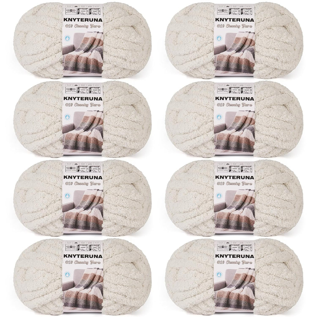 Chunky Yarn for Hand Knitting, #10 Chunky Blanket Chenille Yarn, Large Bulky Thick Jumbo Yarn, Super Chunky Knit Yarn for Crocheting, 8 Skein (8 oz 22 yds Each Skein), Beige White