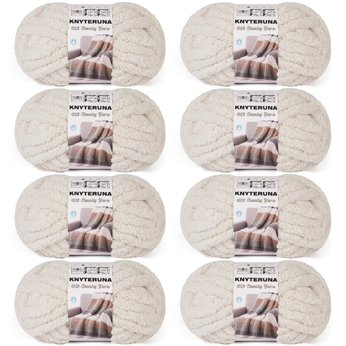 Chunky Yarn for Hand Knitting, #10 Chunky Blanket Chenille Yarn, Large Bulky Thick Jumbo Yarn, Super Chunky Knit Yarn for Crocheting, 8 Skein (8 oz 22 yds Each Skein), Beige White
