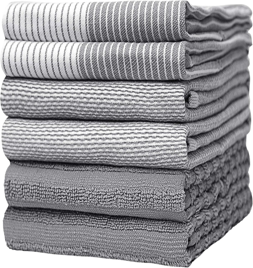 Premium Kitchen Towels (20‰۝x 28‰۝, 6 Pack) | Large Cotton Dish Towels | Flat & Terry Highly Absorbent Kitchen Linen Set with Hanging Loop | Gray