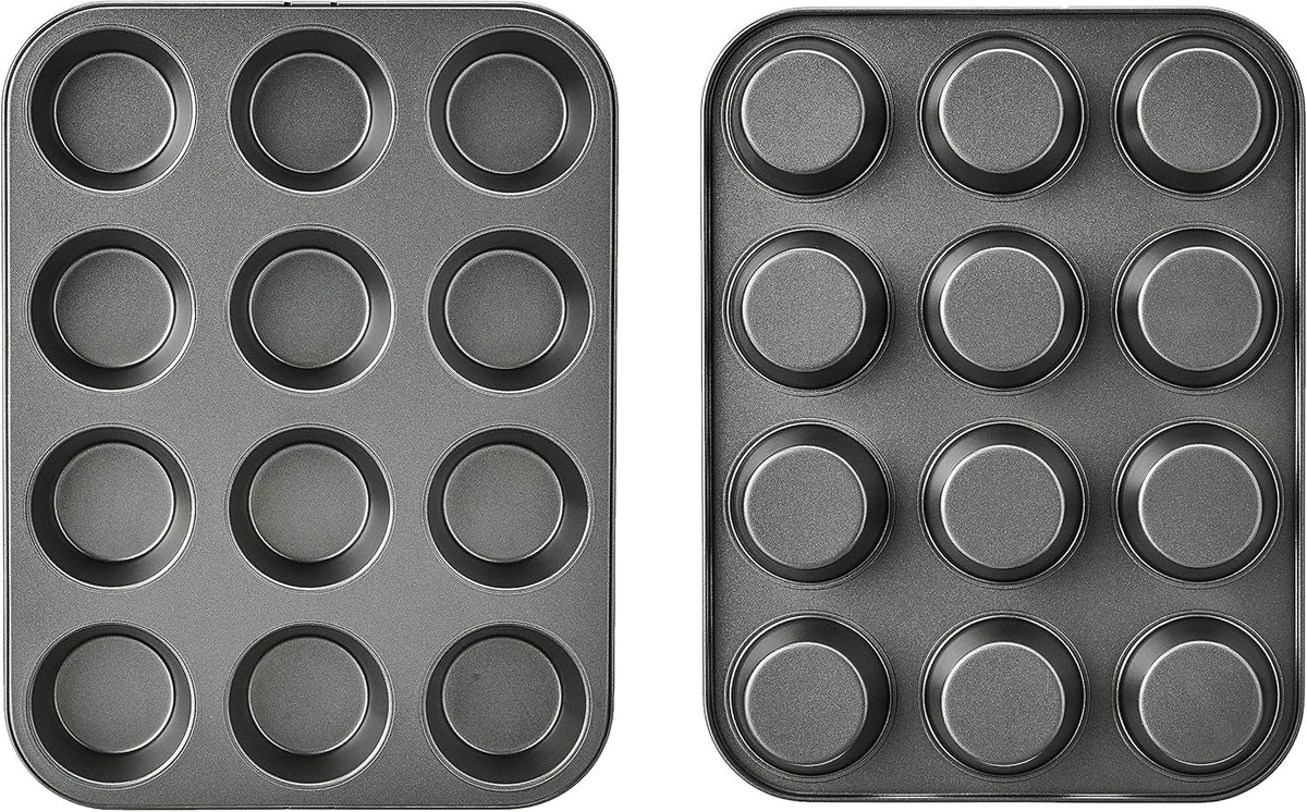 Amazon Basics Nonstick Muffin Pan, Set of 2, Sturdy, Oven Safe, Bakes Evenly, Easy to Clean, 12 Cups, Gray, 13.9x10.55x1.22"