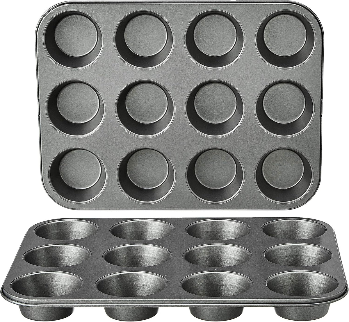 Amazon Basics Nonstick Muffin Pan, Set of 2, Sturdy, Oven Safe, Bakes Evenly, Easy to Clean, 12 Cups, Gray, 13.9x10.55x1.22"